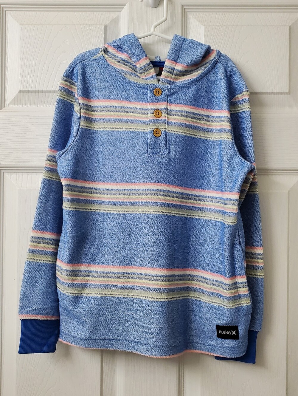 Hurley Kids' Blue Striped Beach Hoodie Soft Relaxed Fit Pullover Sweater Sz 7/8